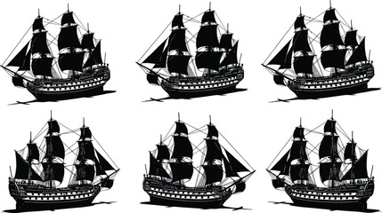 Historic sailing ship silhouettes collection with vintage pirate galleon wooden vessels isolated white background maritime illustration vector © SREE