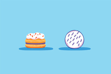 A charming cartoon illustration showcases a delicious donut and a whimsical cookie on a vibrant blue background, perfect for food-related designs and playful visual content.