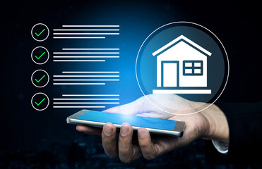 A hand holding a smartphone displays a digital house icon alongside a checklist, symbolizing modern real estate solutions and digital property management tools. Gantry
