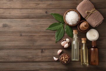 Relaxing spa treatments with natural elements arranged on a wooden background for a calming atmosphere and wellness experience