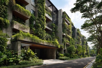 Fototapeta premium Modern eco-friendly architecture encourages sustainable urban living in a vibrant green environment