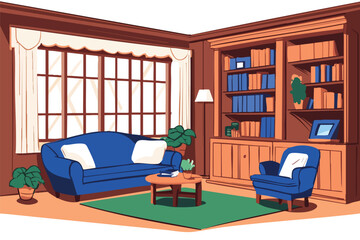 A cozy living room illustration showcases a comfortable blue sofa, armchair, and a well-stocked bookshelf, creating a warm and inviting interior design scene with a window view.