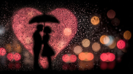 Couple shares a kiss under an umbrella with a heart shape in the background on a rainy evening in the city