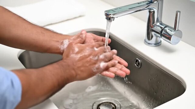 A person washing their hands under running water in a clean kitchen sink in a video about hygiene Medical and Healthcare Footage
