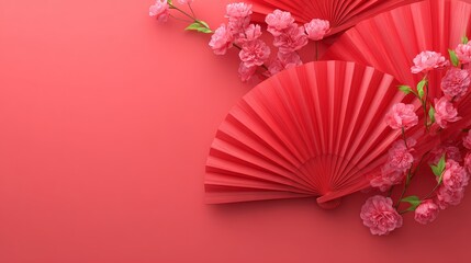 Festive chinese new year celebration flat lay of red fans and blossoms vibrant decor