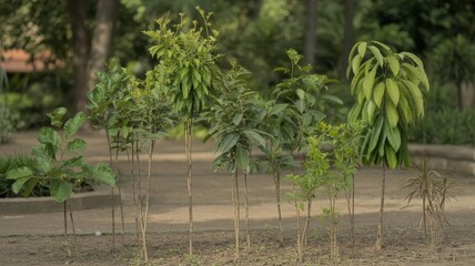 Young Saplings Growing in a Row Under Natural Sunlight.