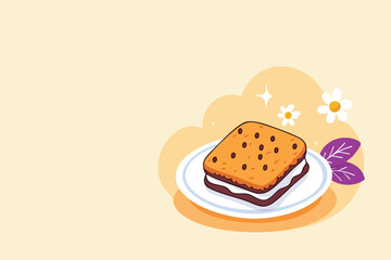 A delightful illustration showcases a s'more, a classic campfire treat, presented on a plate with floral accents against a soft, inviting yellow backdrop, perfect for food-related designs.