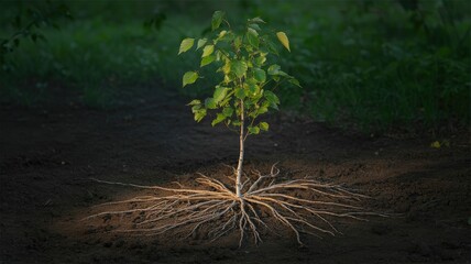 Young Tree with Extensive Root System Exposed in Dark Soil.