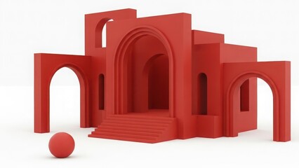 Red architectural structure with arches and sphere