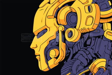 A striking illustration showcases a futuristic, robotic figure with a detailed, golden helmet and intricate mechanical components, set against a stark black backdrop.