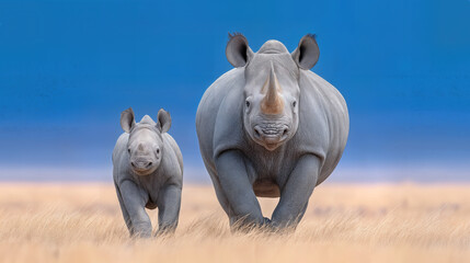 Mother and baby rhinoceros walking together in open grassland under blue sky