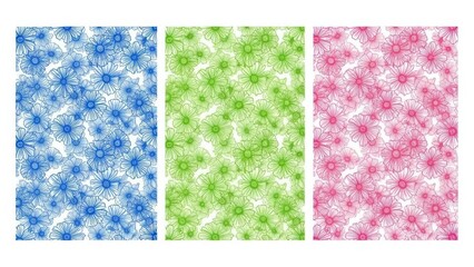 Set of floral patterns in blue, green, and pink