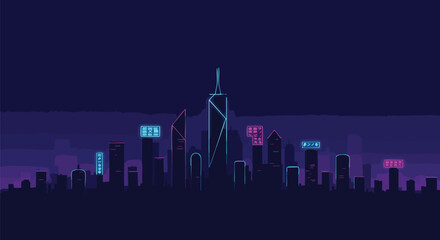 A stylized, digital illustration presents a futuristic cityscape silhouetted against a deep purple night sky, illuminated by vibrant neon lights, evoking a sense of urban modernity.