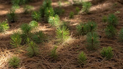 Young Pine Saplings Growing in a Forest Floor Covered with Pine Needles.