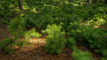 Young Pine Saplings Growing in a Sunlit Forest Floor.