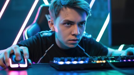 Young Man Focused on Playing Video Games with Neon Lights.