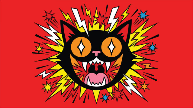 Black cat with wide eyes and open mouth surrounded by lightning bolts and stars on a red background.
