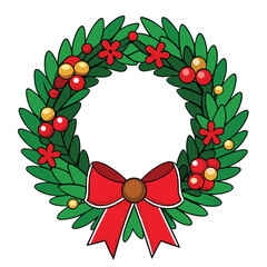 A festive Christmas wreath vector illustration with green pine branches, holly leaves, red berries, and a decorative ribbon