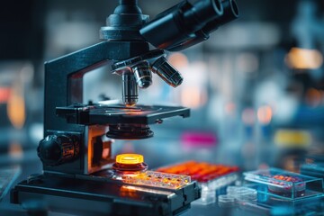 Microscope in a medical DNA lab showcases cutting-edge biotechnology research on DNA samples at a modern facility