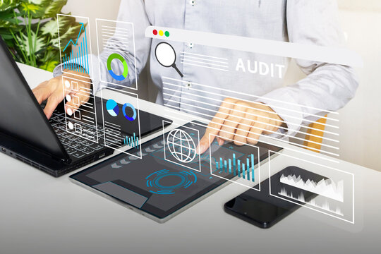 Businessman audits quality work and information network management system work, audits work procedures and information system processes.