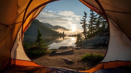 Camping tent view of serene lake at sunset in mountains, peaceful outdoor wilderness scene with reflective water, vibrant sky, rugged peaks, and tranquil nature escape for adventure photography