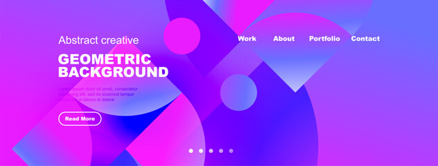 Vibrant geometric background features overlapping circles, text elements, navigation menu. Modern design, suitable website header or banner.