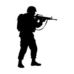 Silhouette of an Armed Soldier in Combat Stance Ready for Action