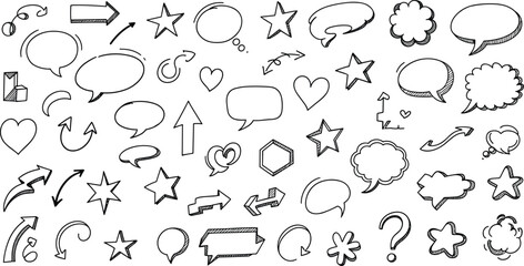 Fototapeta premium Assortment of Hand Drawn Speech Bubbles Arrows Hearts Stars and Question Marks Keywords: speech bubble, arrow, heart, star