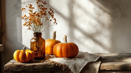 Pumpkins and dried flowers arranged in a clear glass bottle displayed on a wooden table with soft natural light, rustic seasonal still life decor for cozy autumn home style photography