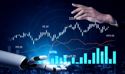 A robotic hand reaches towards a human hand, symbolizing collaboration between technology and finance, set against a dynamic digital stock market backdrop. Scalp
