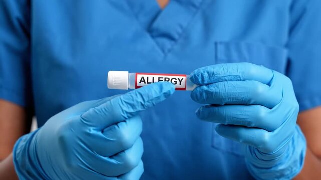 A medical professional in blue scrubs and gloves holding a test tube labeled allergy for patient diagnosis in a video Medical and Healthcare Footage