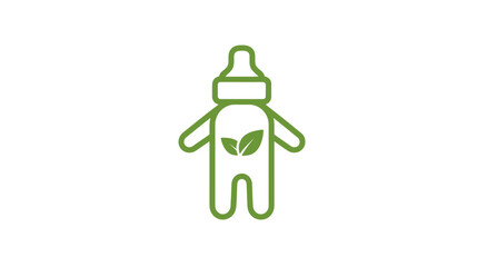Green organic baby bottle icon with leaves, natural baby food concept, eco-friendly child care illustration.