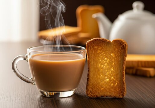 Hot Milk Tea with Crispy Rusk on Wooden Table