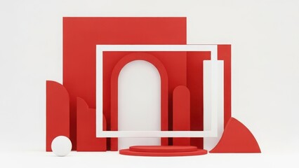 Red geometric shapes with white frame and sphere