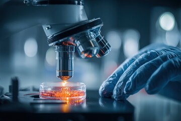 Scientist analyzes biochemical samples using advanced microscope in laboratory setting during early morning hours