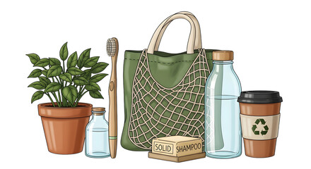 Sustainable living essentials isolated on transparent background, isolated on white background