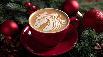 Christmas Coffee with Elegant Horse Latte Art in Red Cup. A top-down view of a red ceramic cup filled with creamy latte featuring detailed horse head latte art. 