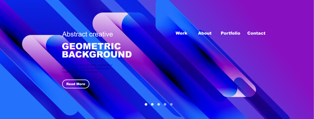Vibrant blue purple abstract background. Geometric shapes overlap creating dynamic visual effect. Navigation menu present, button visible.