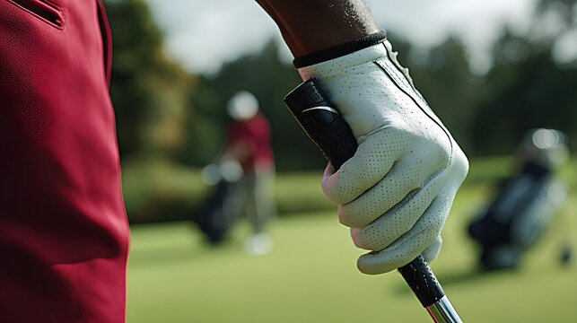 Close-up of Golfer's Hand in White Glove Gripping Golf Club. A detailed close-up shot of a professional golfer's hand wearing a white leather glove, firmly gripping the handle of a golf 