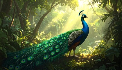 Vibrant peacock displaying iridescent feathers in lush tropical forest sunlight