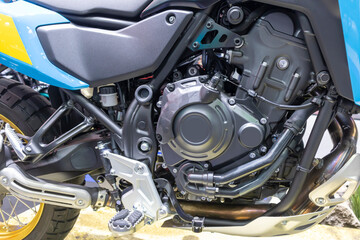 Fototapeta premium The motorcycle is viewed from the side, with the engine running.