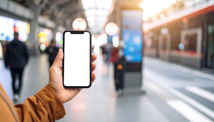 Hand Holding Smartphone with Blank White Screen at Railway Station. Mockup Concept for Mobile App, Travel Technology, and Digital Communication