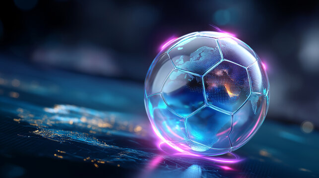 Futuristic soccer ball glowing with neon blue and pink light, digital world map background, high tech sports concept, defocused map, with copy space - Powered by Adobe