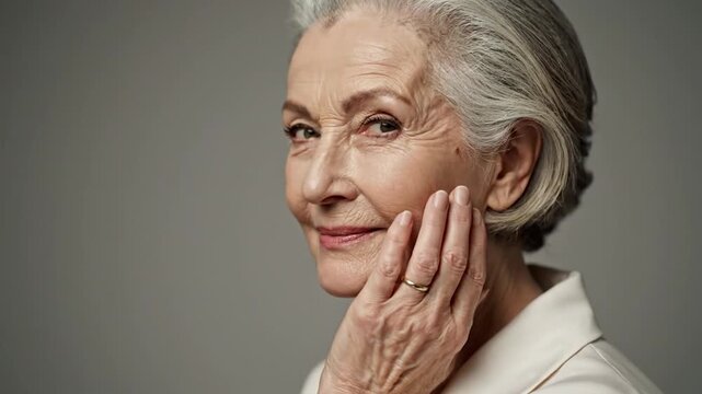 A dignified senior woman with grey hair smiles, in a studio with neutral lighting