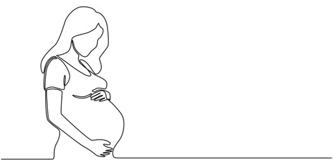 Continuous line drawing of a pregnant woman. One line drawing of a pregnant woman. Pregnant belly. Minimalist contour illustration of a happy mother. one line Icon drawing © Vector Man