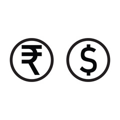 Obraz premium Indian rupee and us dollar currency symbols side by side in black outline icons Vector