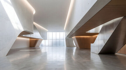 Impressive futuristic architectural interior featuring expansive concrete structures, curved walls, warm wood panels, and vast natural light