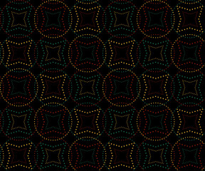 Dark Geometric Dotted Seamless Pattern with Glowing Shapes