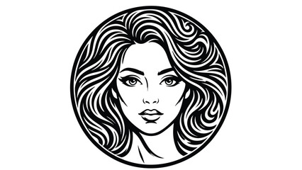 Elegant Womans Face with Flowing Hair in a Circular Frame.