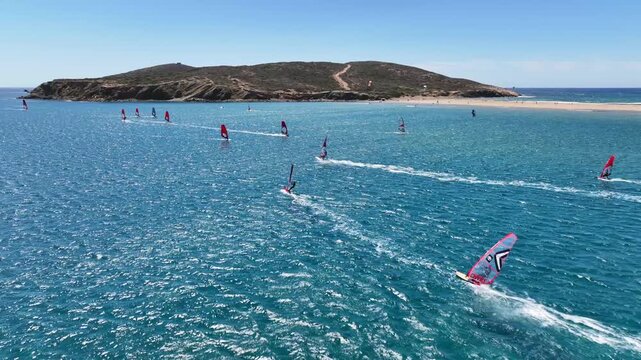 Aerial drone cineamatic video of paradise two sided beach of Prasonisi ideal for wind and kite surfing in Southeast part of Rhodes island, Dodecanese, Greece